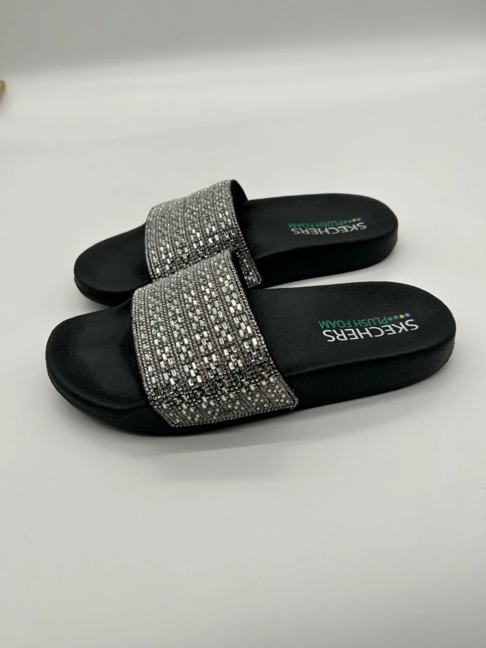 Skechers Women’s Black Slides with Silver Sparkle Strap - Picture 3 of 6
